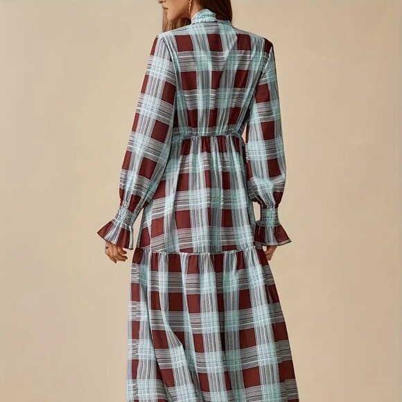 Plaid Boho Spilled Ruffle Collar Maxi Dress - Picture 3 of 6